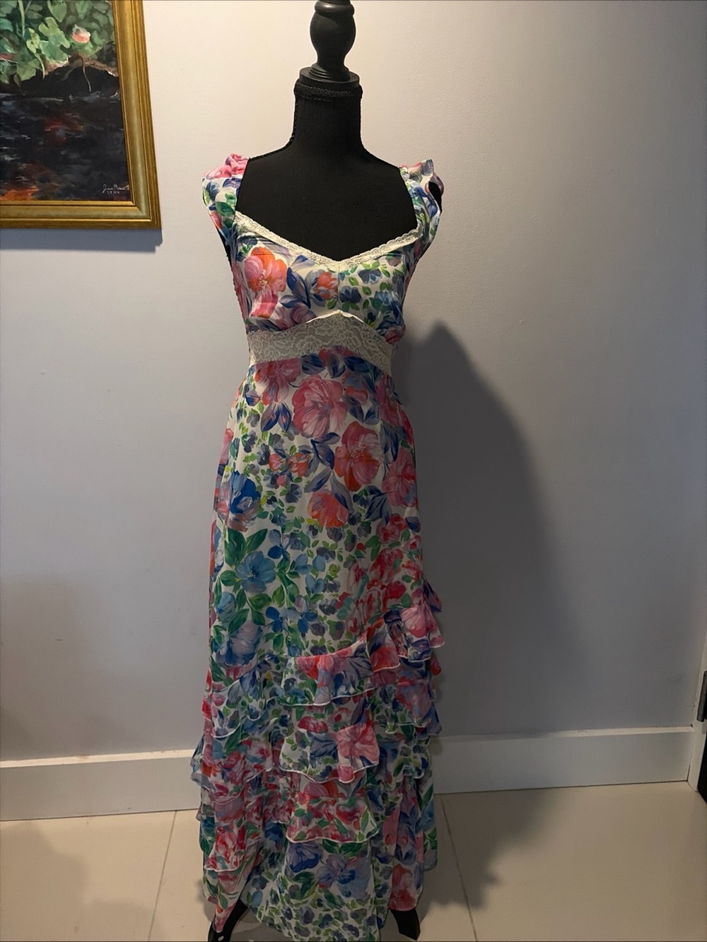 Ruffle Tiered Maxi Floral Print Dress Small Romantic Flowy fairy core Lace NWT